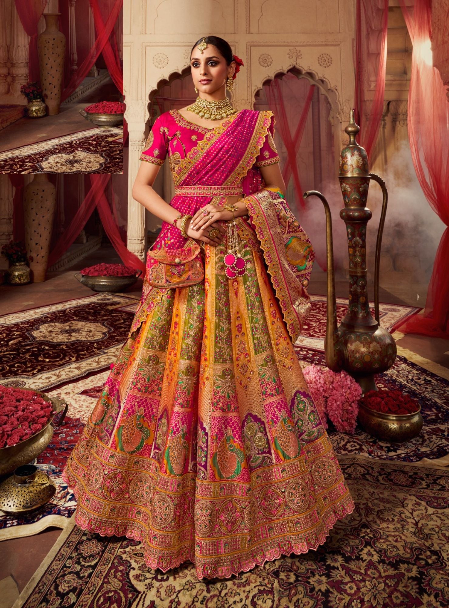 Beautiful Royal Yellow And Pink Lehenga Set - Rent