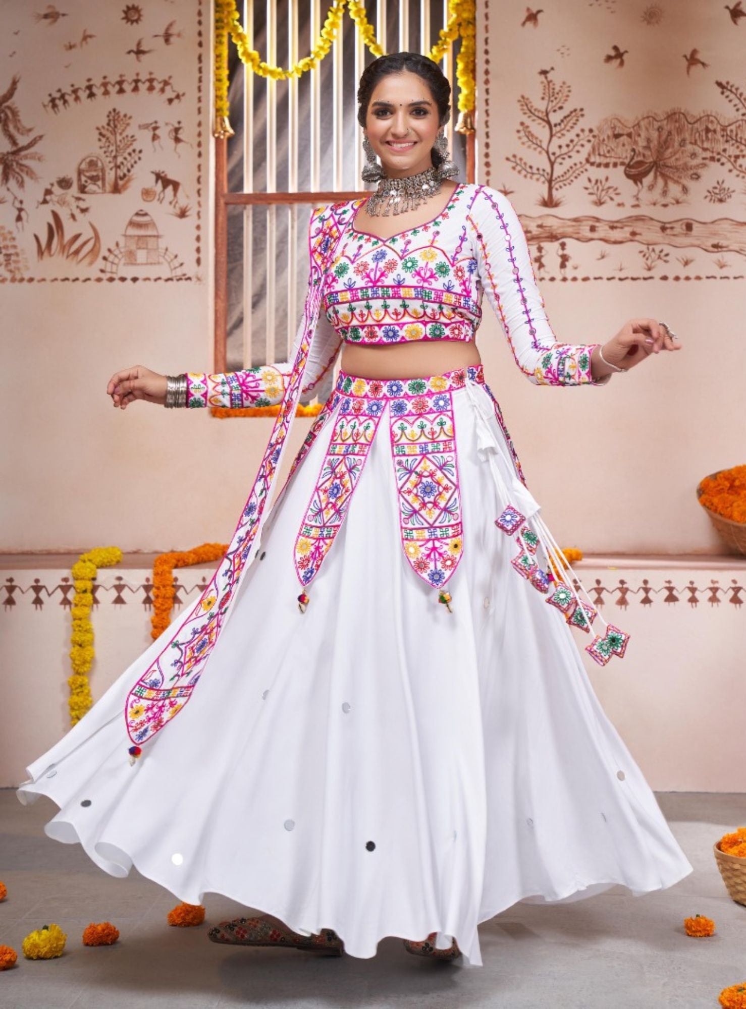 Beautiful Navratri White Color Lehenga Choli Set - Rent