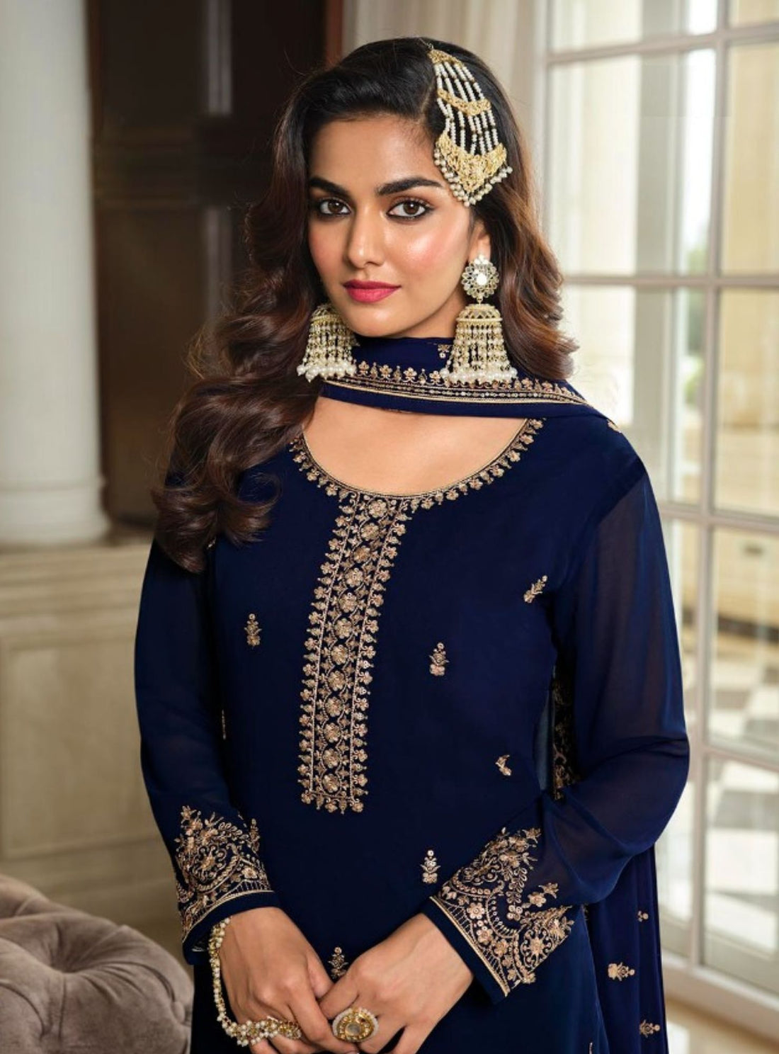 Navy Blue Long Kurta Georgette Sharara Set - Rent