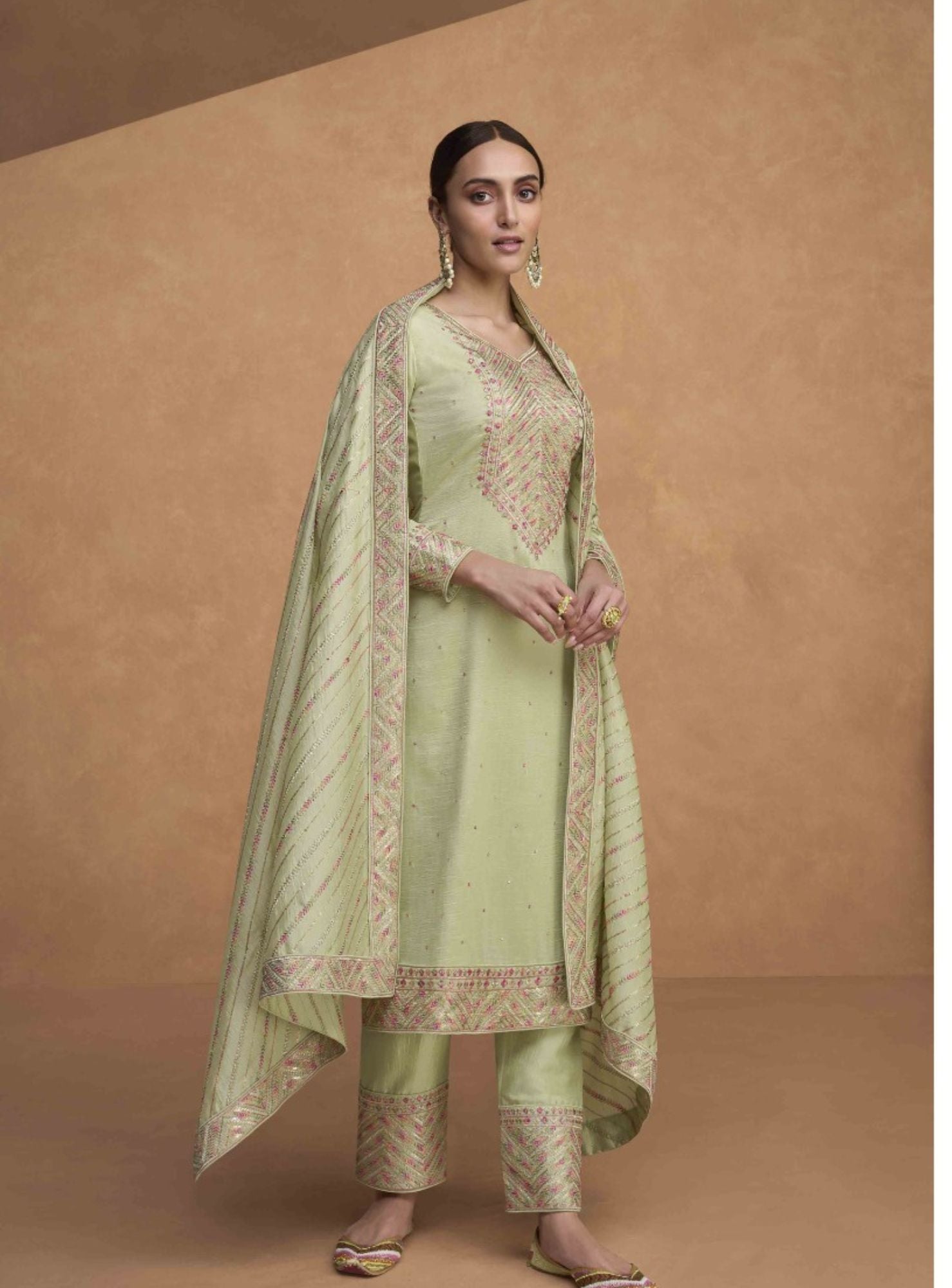 ELEGANT PISTA GREEN ART SILK KURTA SET - RENT