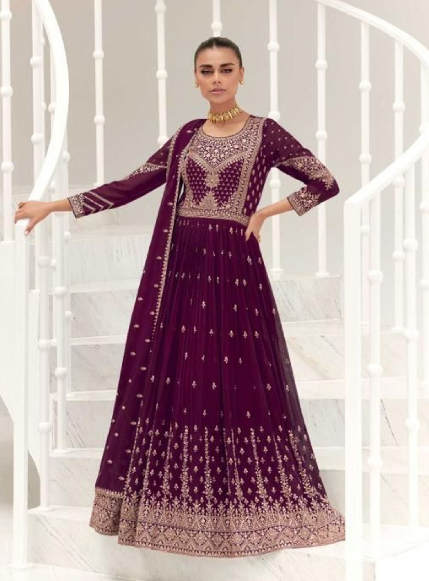 MAROON FLOOR LENGTH ANARKALI SET - RENT