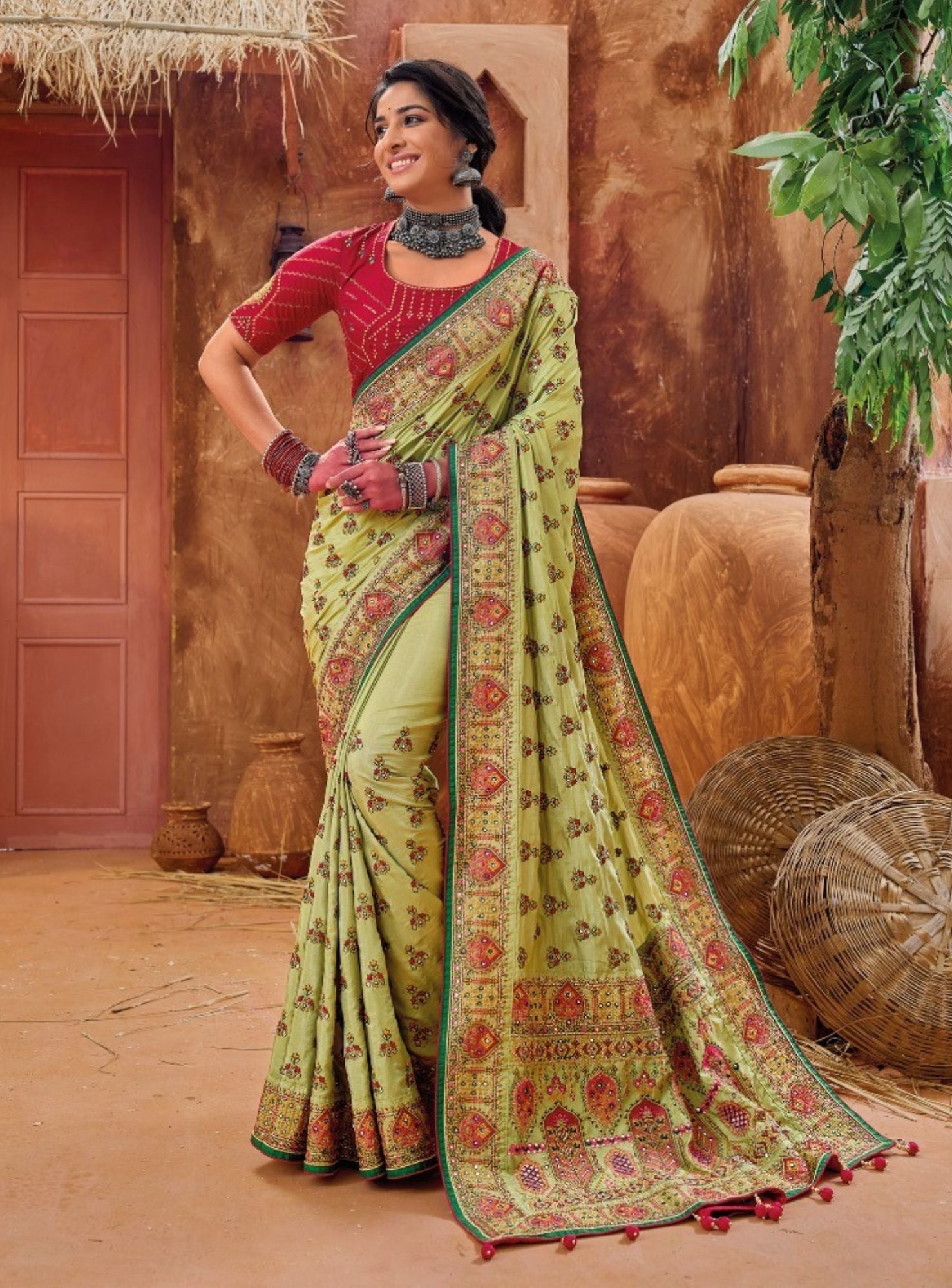 Designer Pista Green Color Swarovski Sequence Work Silk Sare