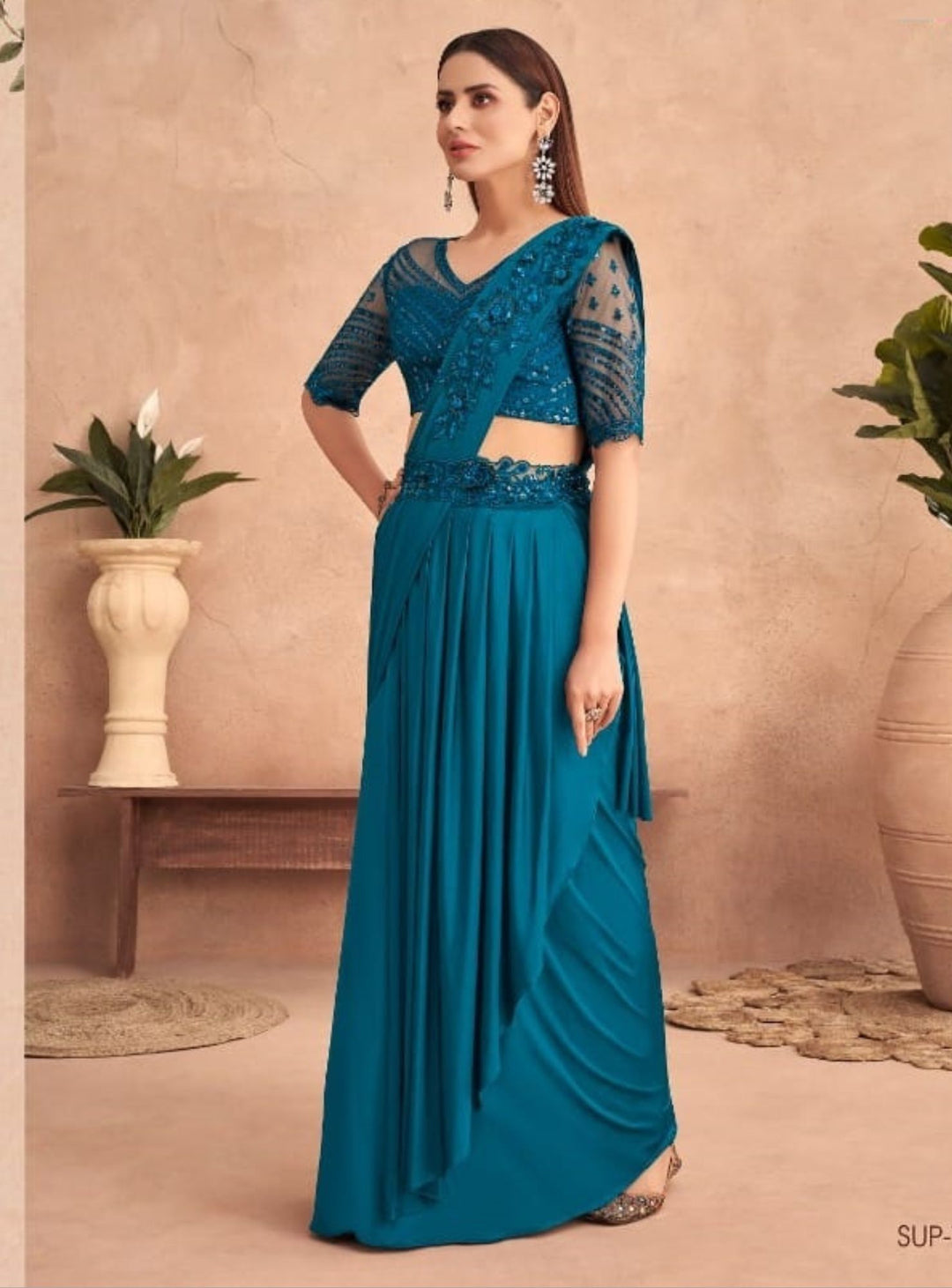 BLUE GEORGETTE EMBROIDERY SAREE - RENT