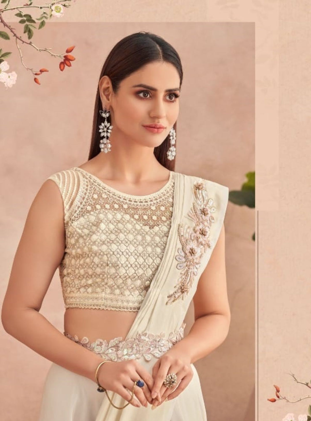 OFF WHITE GEORGETTE EMBROIDERY SAREE - RENT