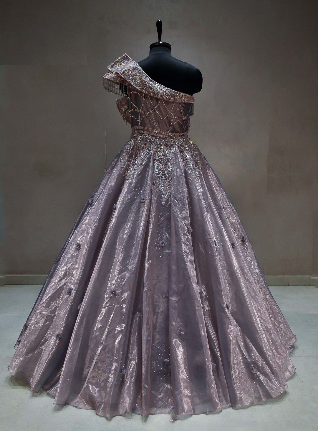 Meraj couture's Ruffled Glass Tissue Lavender Gown - RENT