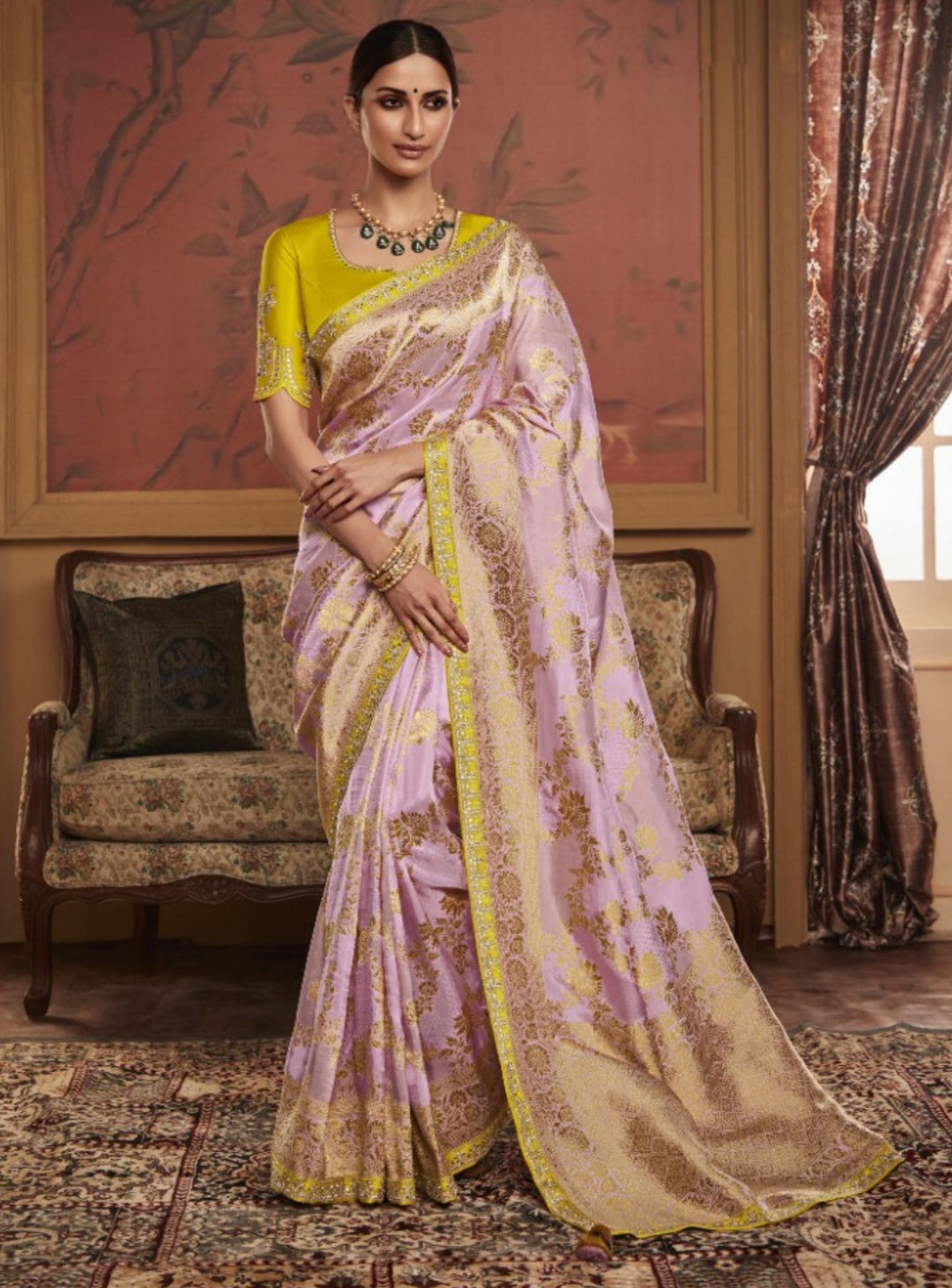 LAVENDER AND YELLOW DESIGNER EMBROIDERY SAREE - RENT