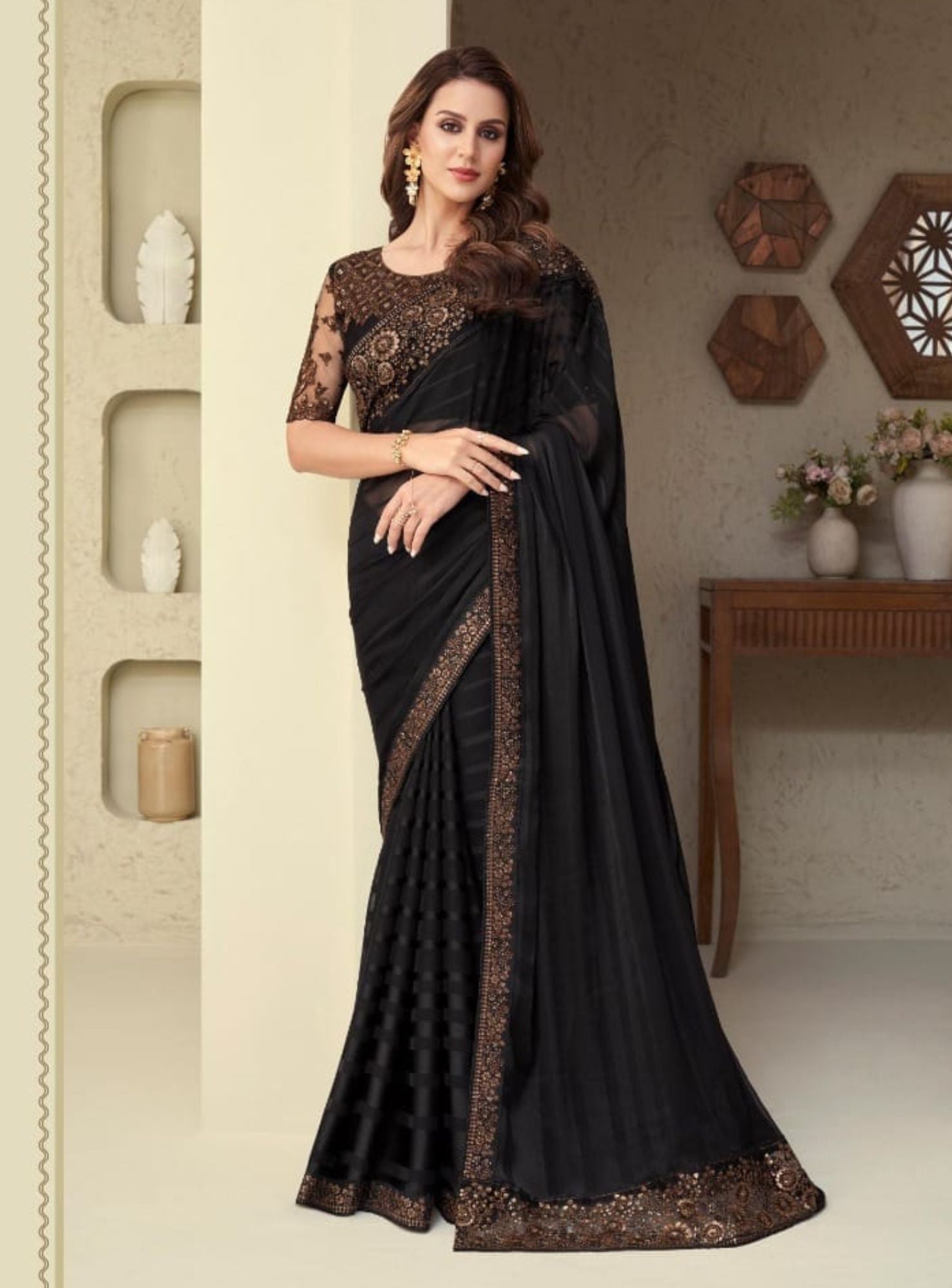 Elegant Black Soft Silk Saree - Rent