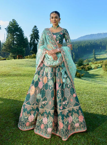 Heavy Embroidery Trendy Motif Emerald Green Lehenga Choli Set - Rent