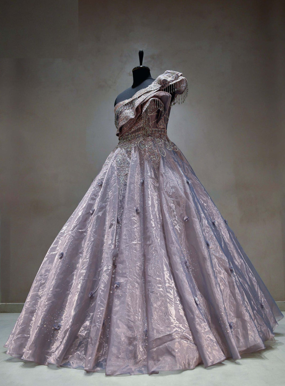 Meraj couture's Ruffled Glass Tissue Lavender Gown - RENT