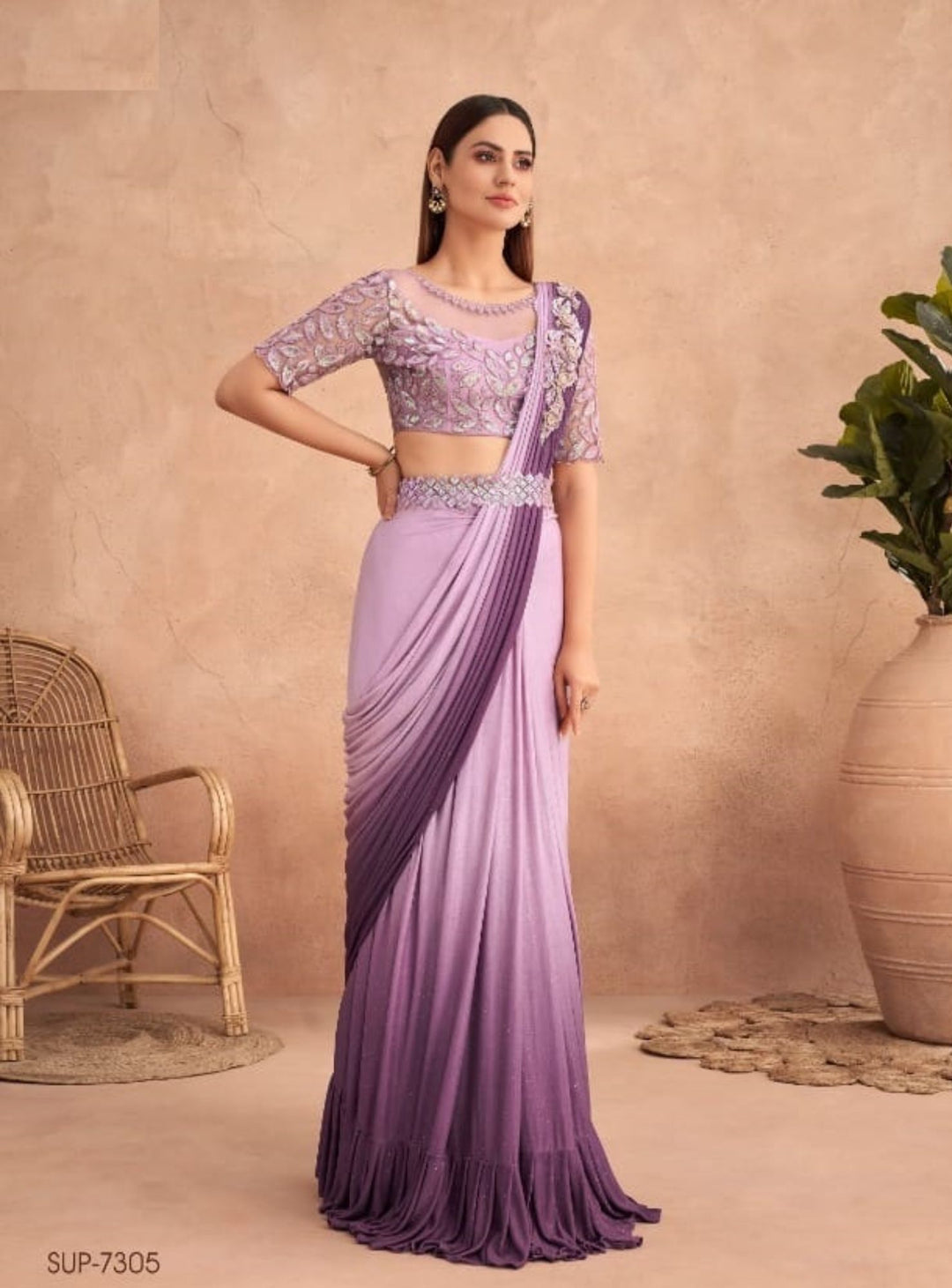 LILAC PURPLE GEORGETTE EMBROIDERY SAREE - RENT