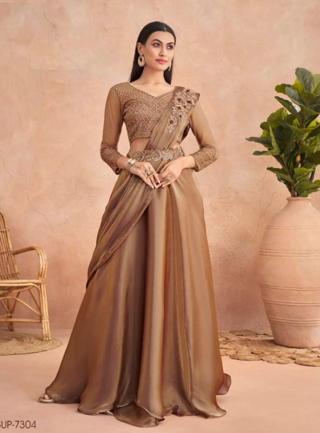 LIGHT BROWN GEORGETTE EMBROIDERY SAREE - RENT