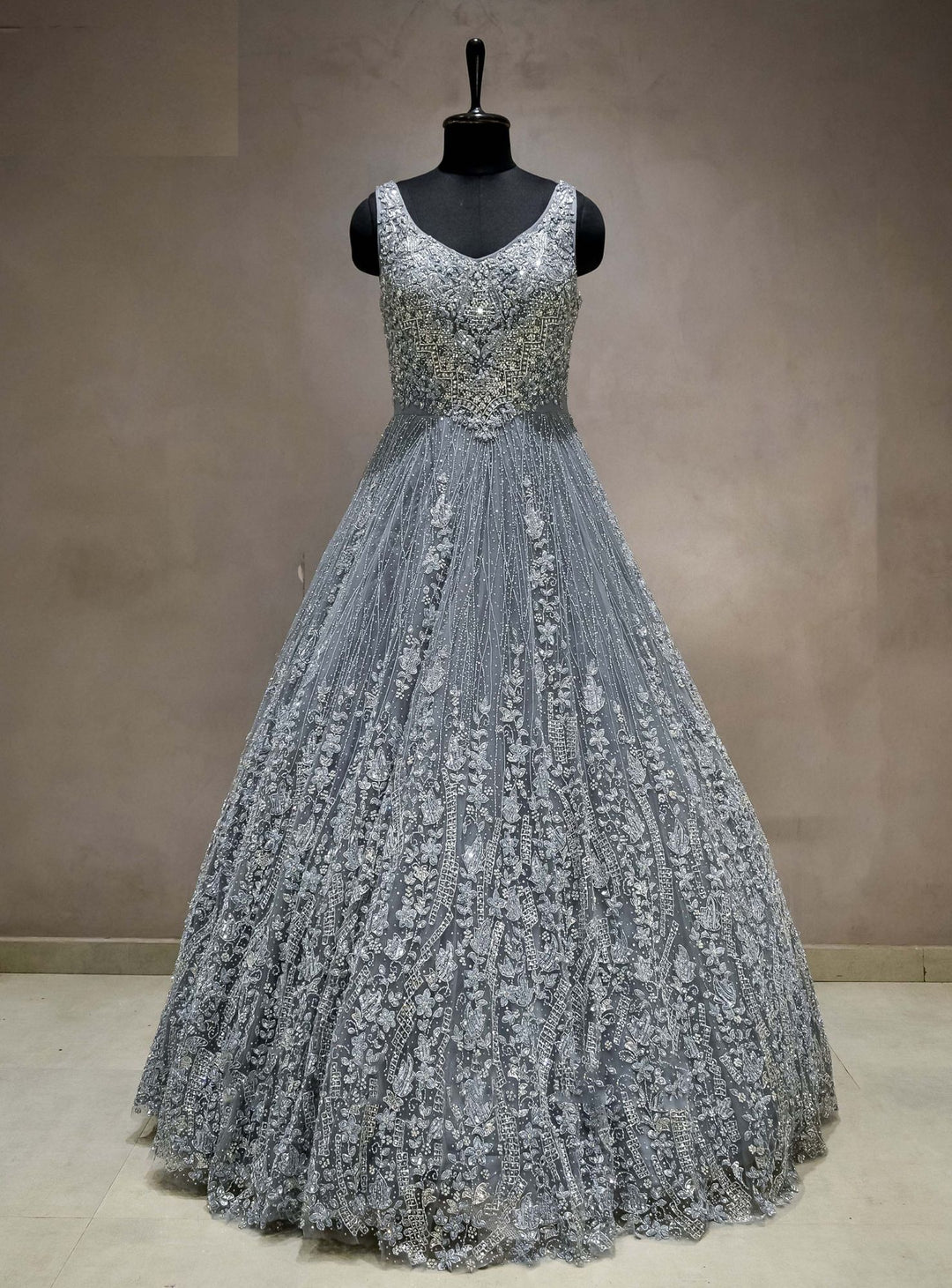 Meraj couture's sleeveless Dark Grey Gown - RENT