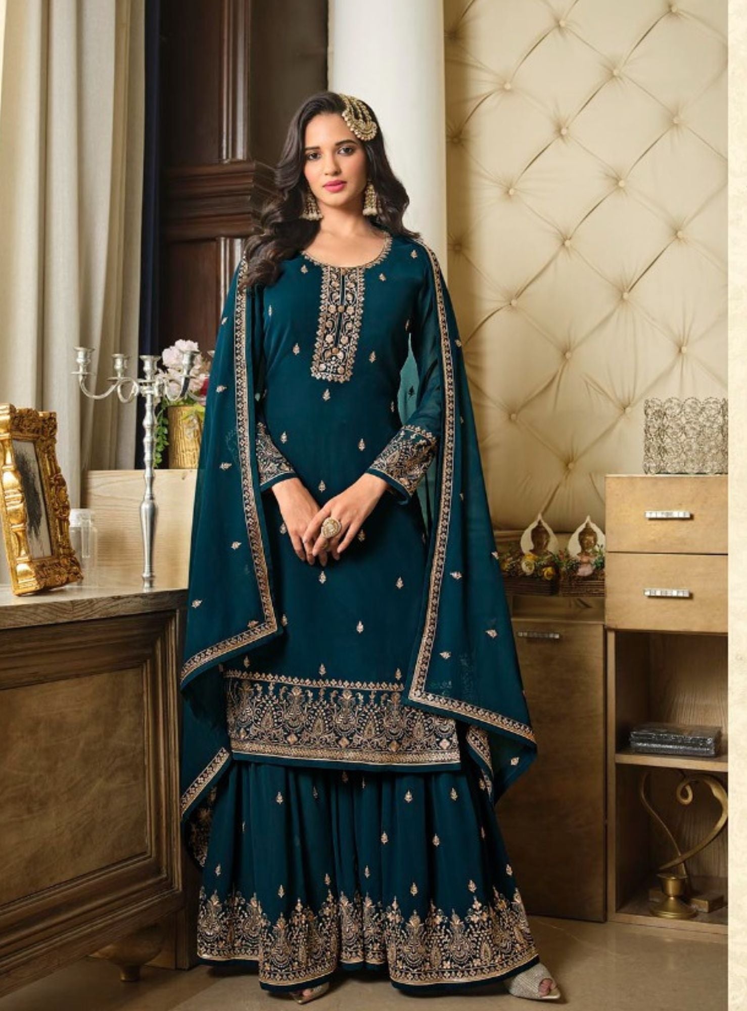 Teal Long Kurta Georgette Sharara Set - Rent