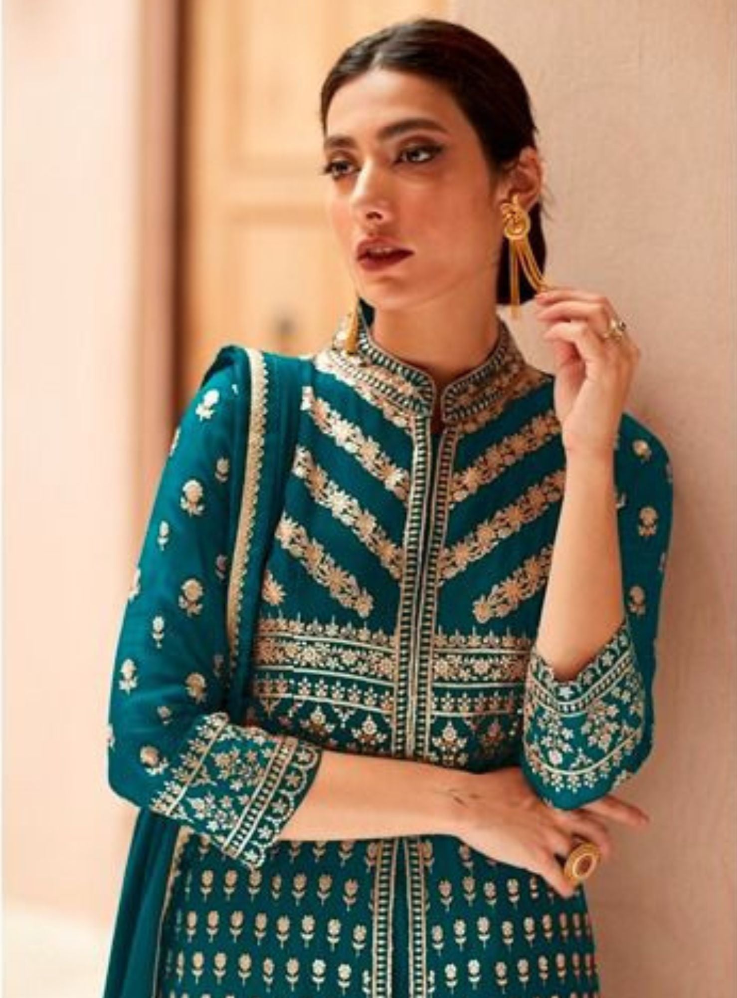 Art Silk Embroidered Palazzo Suits in Sea Green | Kurta neck design, Neck  designs for suits, Dress neck designs
