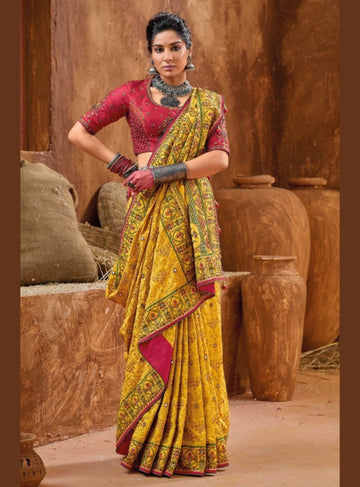 SUNSHINE YELLOW BANARAS SILK SAREE WITH PURE KACHHI WORK - RENT