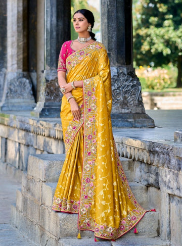 YELLOW ELEGANT AND TRENDY DESIGNER EMBROIDERY SAREE - RENT