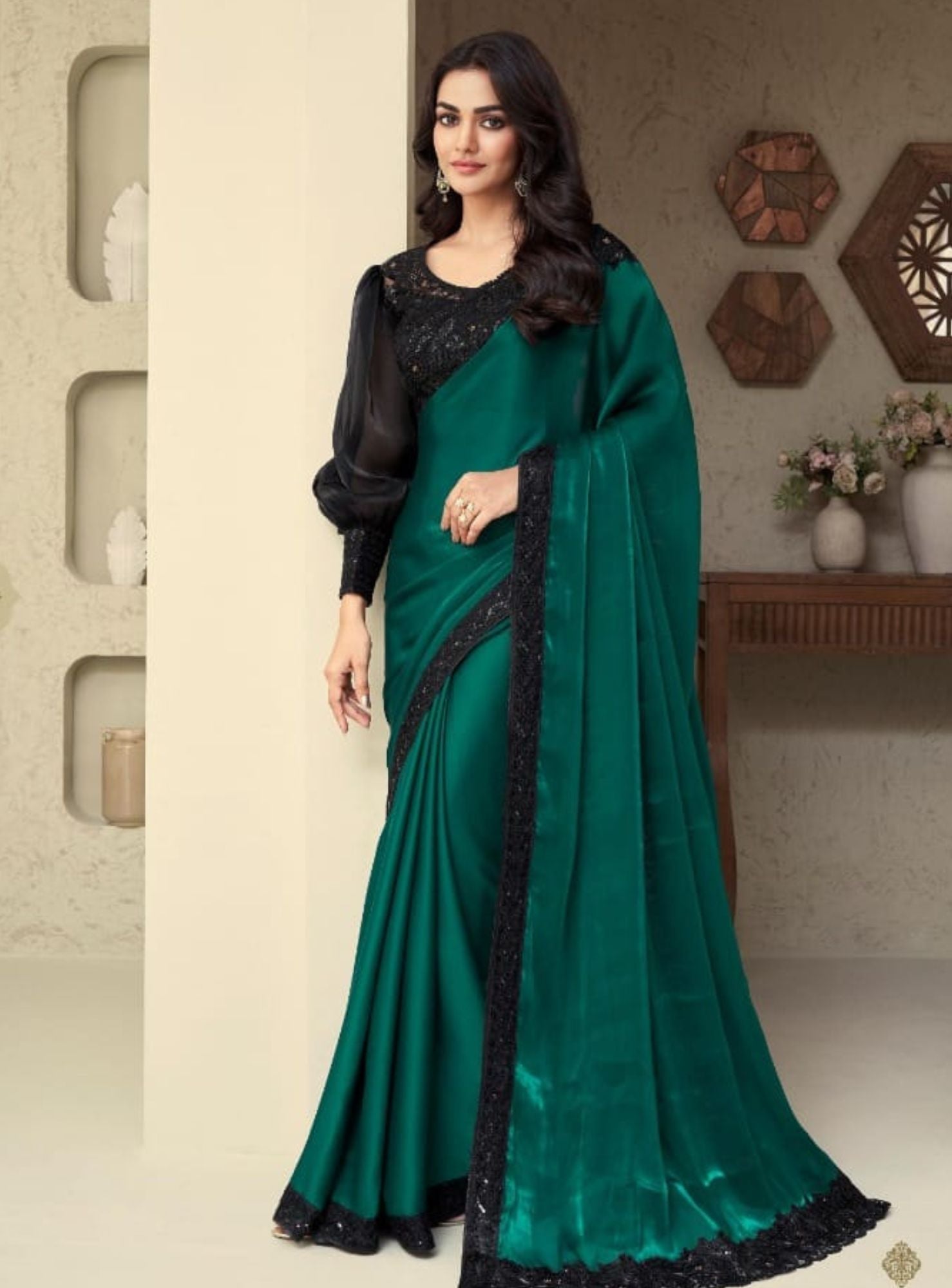 Elegant And Smooth Dark Green Soft Silk Saree - Rent