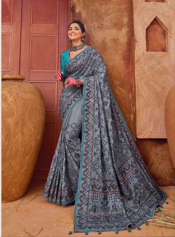 DARK GREY BANARAS SILK SAREE WITH PURE KACHHI WORK - RENT