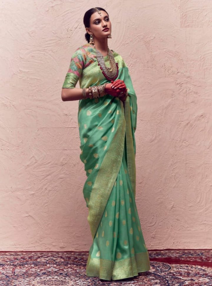 Beautiful Mint green and gold jacquard silk saree - rent