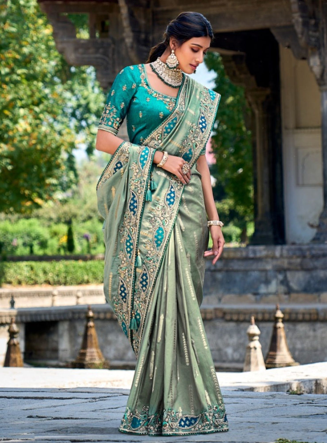 DUSTY GREEN ELEGANT AND TRENDY DESIGNER EMBROIDERY SAREE - RENT