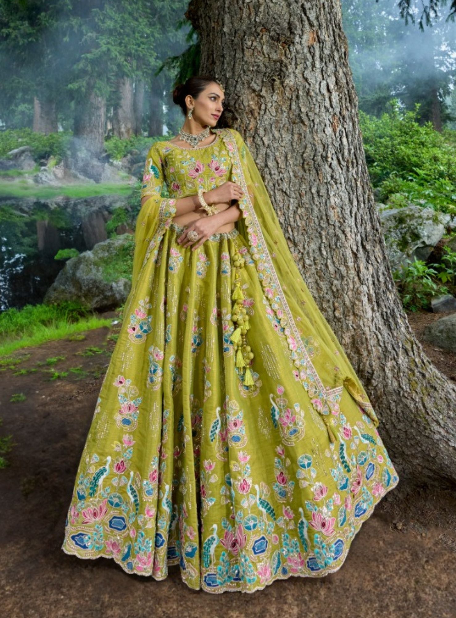 Heavy  Embroidery  Trendy  Motif  Green Lehenga  Choli  Set - Rent