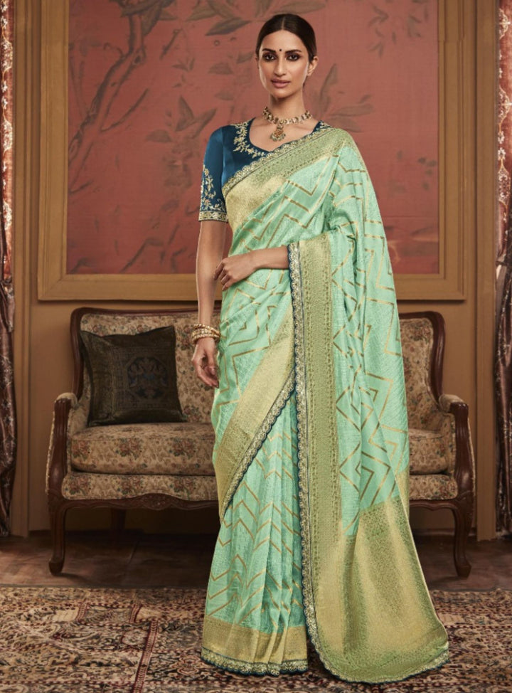 MINT GREEN EMBROIDERY SAREE - RENT