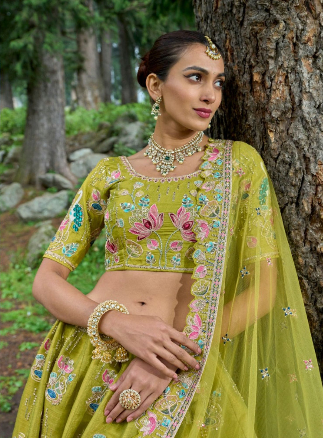 Heavy  Embroidery  Trendy  Motif  Green Lehenga  Choli  Set - Rent