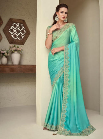 ELEGANT GREEN BLUE OMBRE SOFT SILK SAREE - RENT