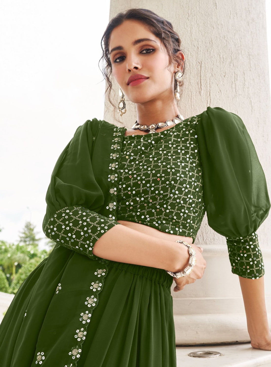 Trendy And Elegant Green Georgette Lehenga Set - Rent