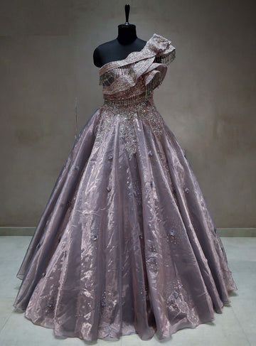 Meraj couture's Ruffled Glass Tissue Lavender Gown - RENT