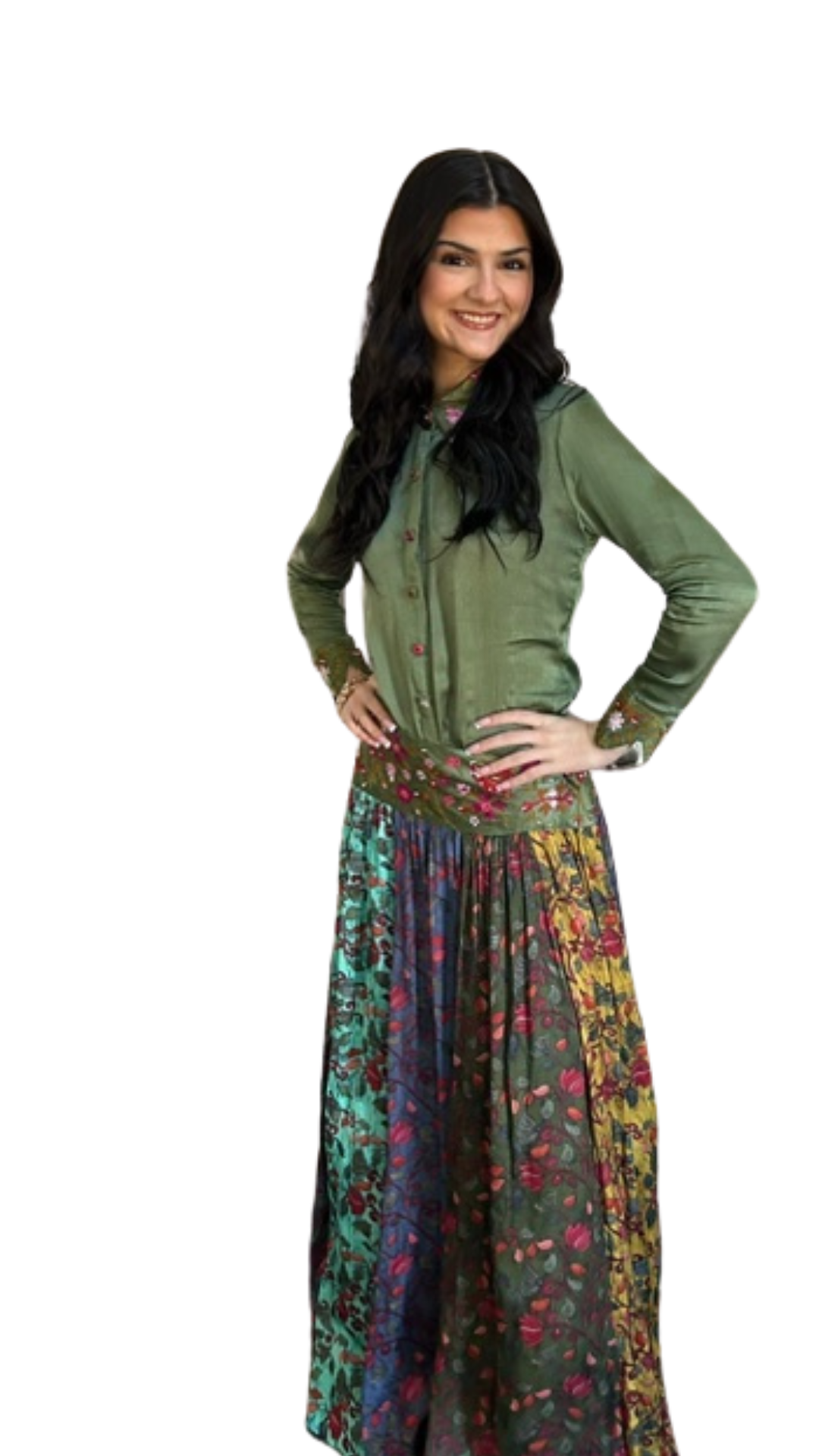 Silk Designer Green Crop Top Skirt - Rent