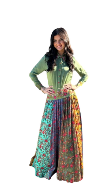 Silk Designer Green Crop Top Skirt - Rent