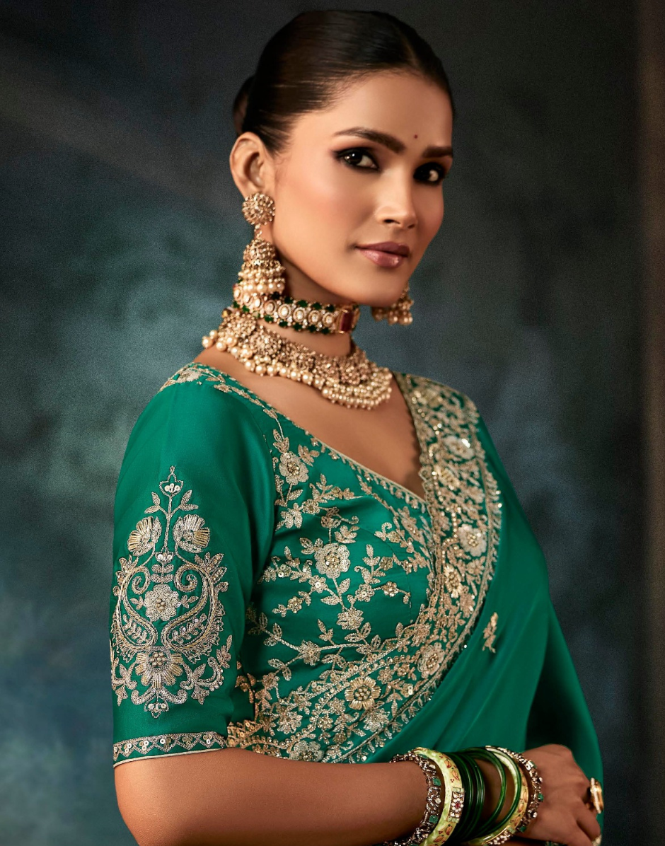 Verdant Grace Saree Premium Green Fabric with Artistic Aari and Handwork Motifs - Buy_1