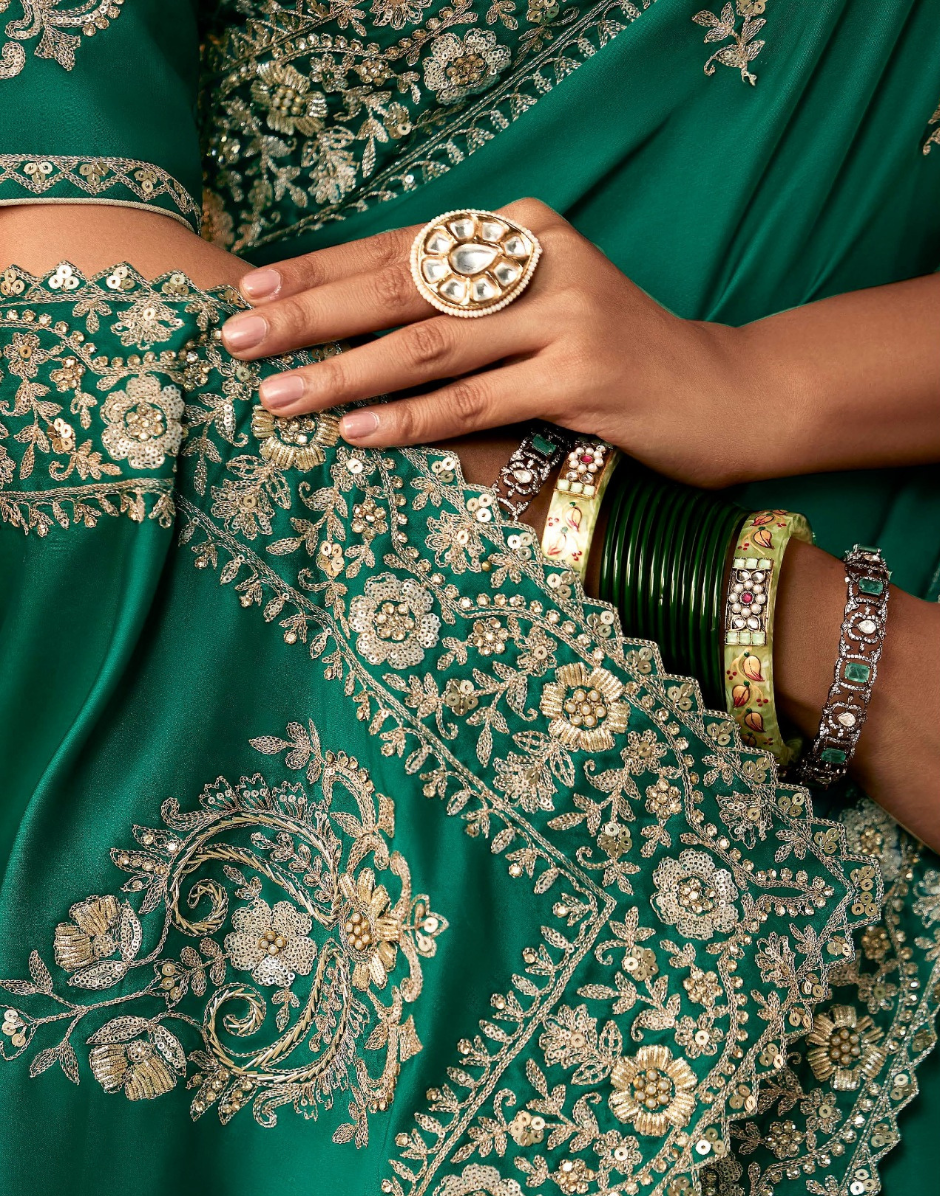 Verdant Grace Saree Premium Green Fabric with Artistic Aari and Handwork Motifs - Buy_3