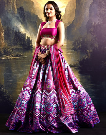 Vibrant Glam Magenta Satin Printed Lehenga with Silk Blouse and Ombre Printed Dupatta