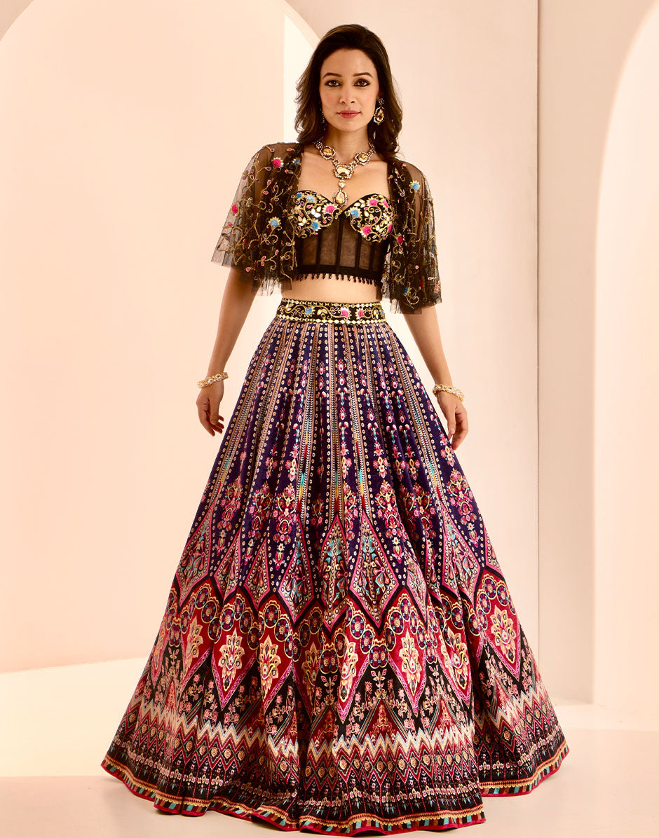 Vibrant Glamour Multi-Colored Velvet Lehenga with Hand-Embroidered Black Corset and Net Cape