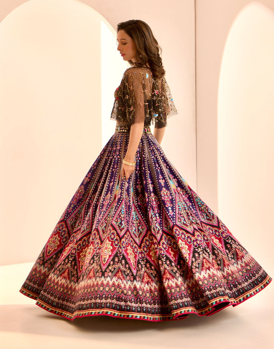 Vibrant Glamour Multi-Colored Velvet Lehenga with Hand-Embroidered Black Corset and Net Cape