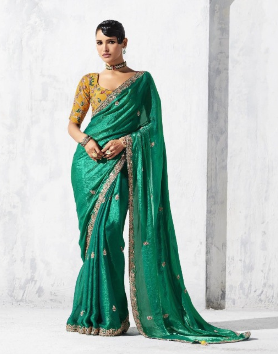 Vibrant Green Embroidered Saree with Contrast Printed Blouse Ethnic Chic - Buy