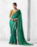 Vibrant Green Embroidered Saree with Contrast Printed Blouse Ethnic Chic - Buy