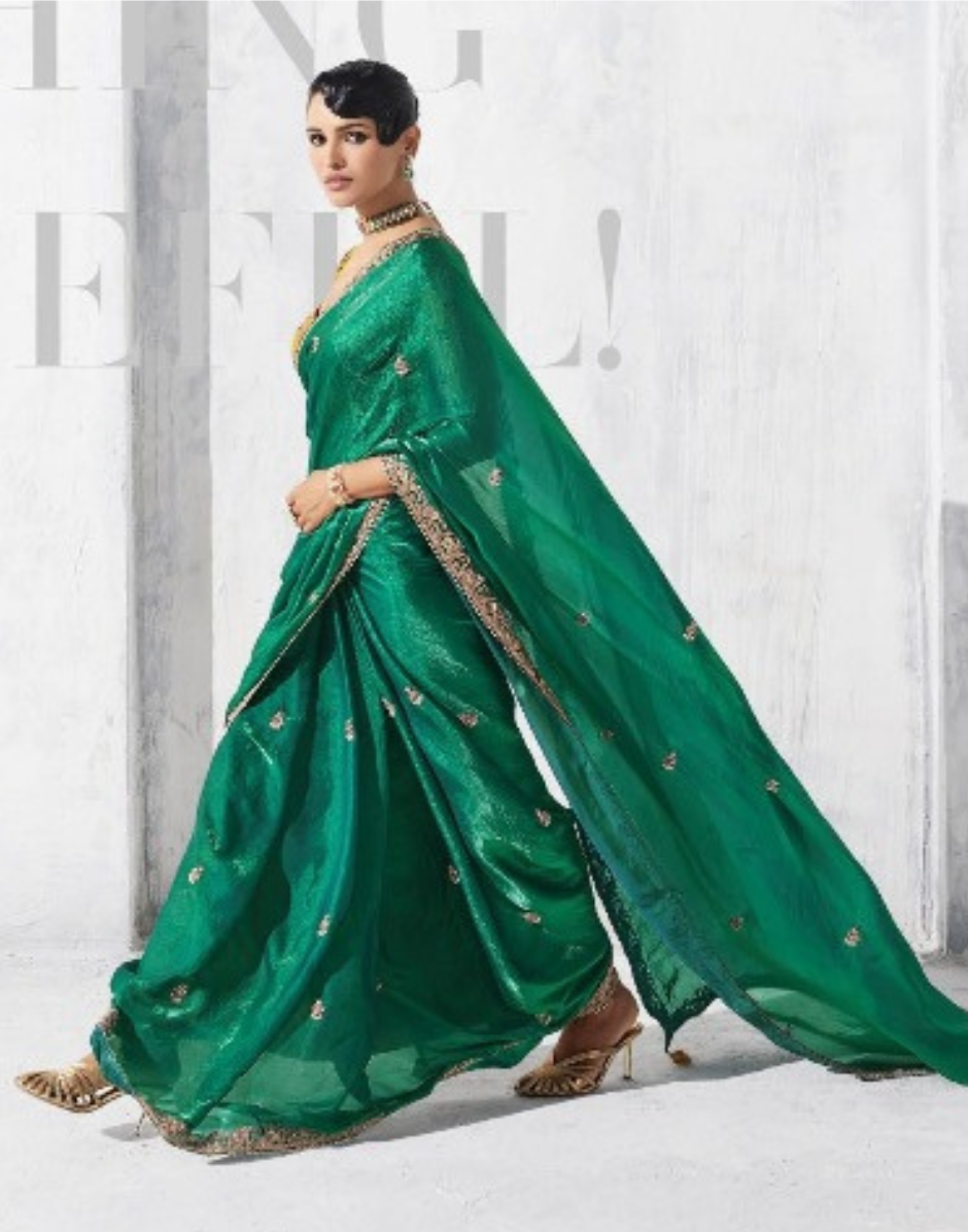Vibrant Green Embroidered Saree with Contrast Printed Blouse Ethnic Chic - Buy
