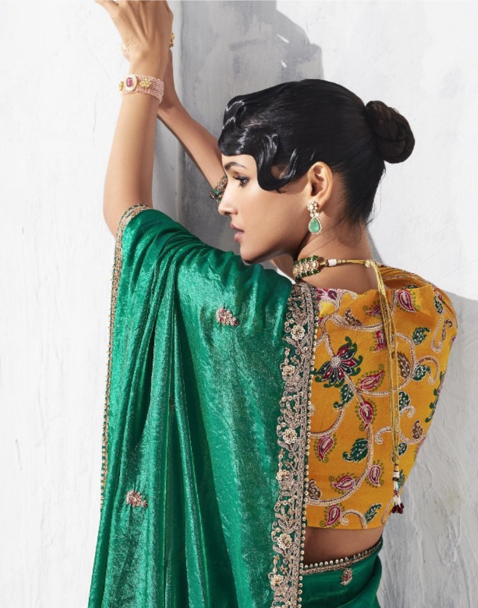 Vibrant Green Embroidered Saree with Contrast Printed Blouse Ethnic Chic - Buy_2
