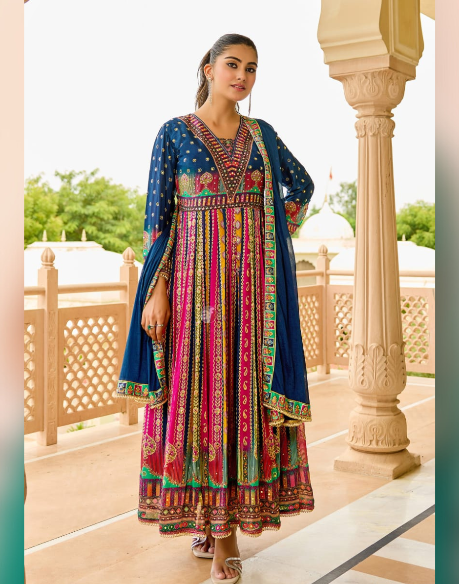 Vibrant Multicolor Chiffon Gown Style Kurti with Dupatta Handcrafted Elegance - Buy