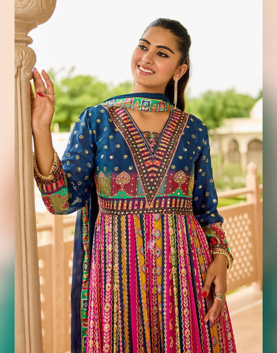 Vibrant Multicolor Chiffon Gown Style Kurti with Dupatta Handcrafted Elegance - Buy_1