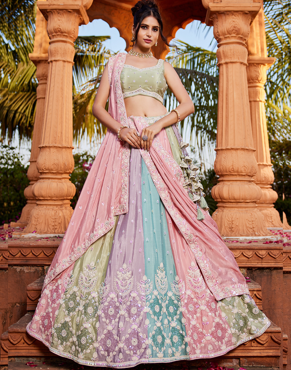 Vibrant Multicolor Chiffon Sequin Embroidered Stitched Lehenga Choli with Dupatta Perfect for Weddings & Festive Occasions