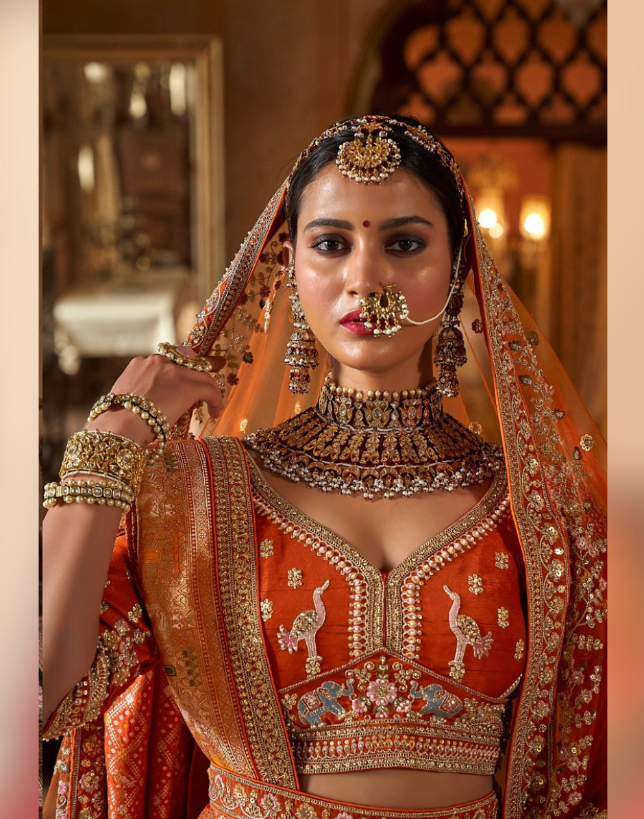Vibrant Orange Bridal Silk Lehenga with Zari, Sequin, Pearl & Thread Embroidery Includes Blouse & Dual Dupatta Set - Buy