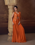 Vibrant Orange Embroidered Jacket Set Chinon Silk Georgette with Mirror Work, Palazzo & Blouse