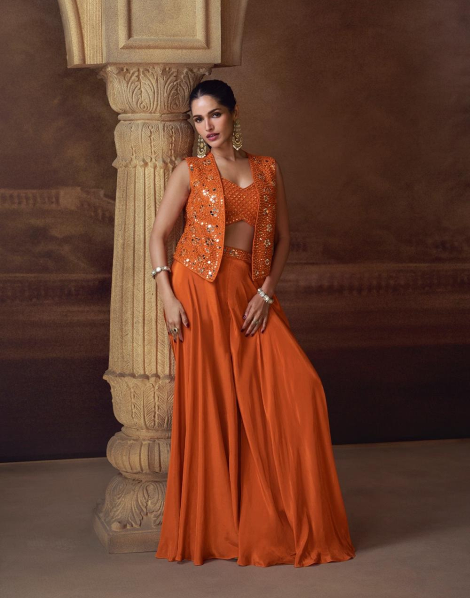 Vibrant Orange Embroidered Jacket Set Chinon Silk Georgette with Mirror Work, Palazzo & Blouse