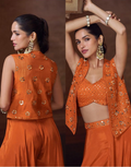 Vibrant Orange Embroidered Jacket Set Chinon Silk Georgette with Mirror Work, Palazzo & Blouse_1