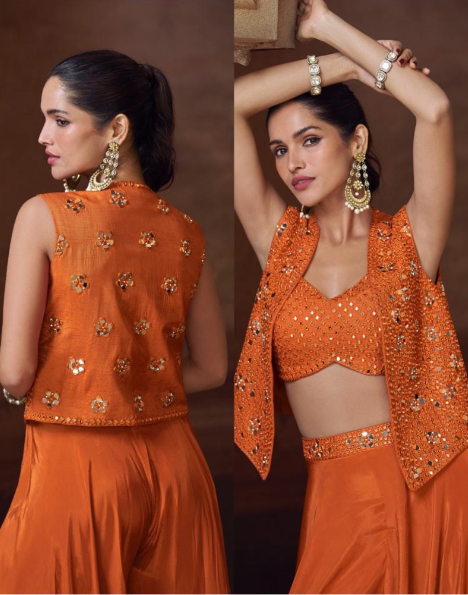 Vibrant Orange Embroidered Jacket Set Chinon Silk Georgette with Mirror Work, Palazzo & Blouse_1