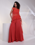 Vibrant Orange Three-Piece Set with Bustier, 3D Organza Top Open Draped Cape & Wide Leg Pants